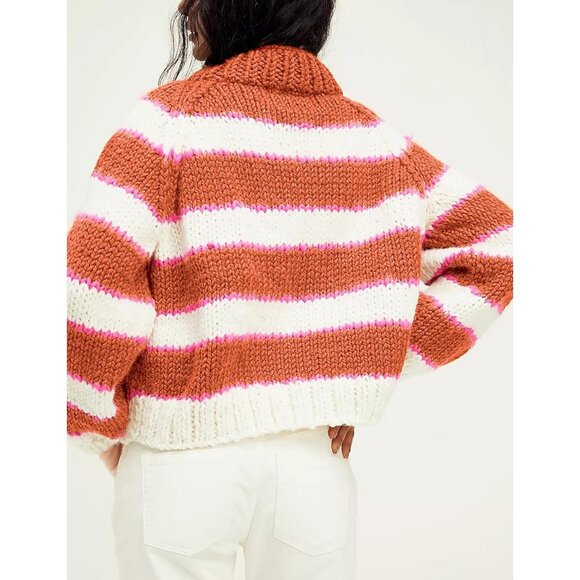 Women's Stripe Pullover Sweater Turtleneck Ribbed Top Chunky Knitwear Orange - Picture 4 of 4